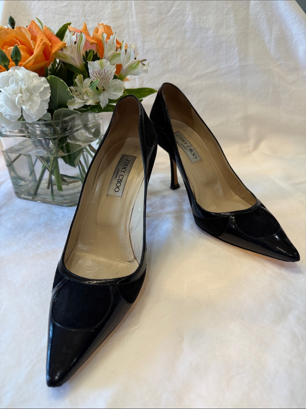 Jimmy Choo Black Pointed-Toe Patent & Suede Pumps